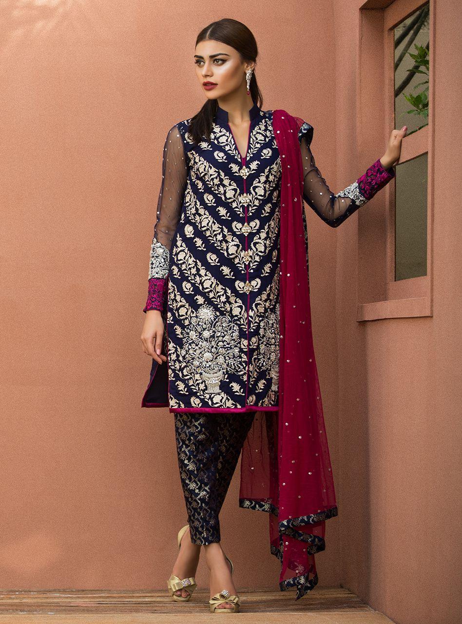 Zainab Chottani | Semi Formals | NAVY BLUE FLORAL DRESS - Rang-e-Khaas