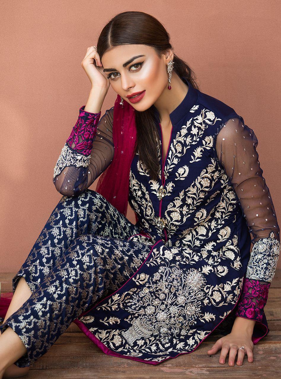 Zainab Chottani | Semi Formals | NAVY BLUE FLORAL DRESS - Rang-e-Khaas
