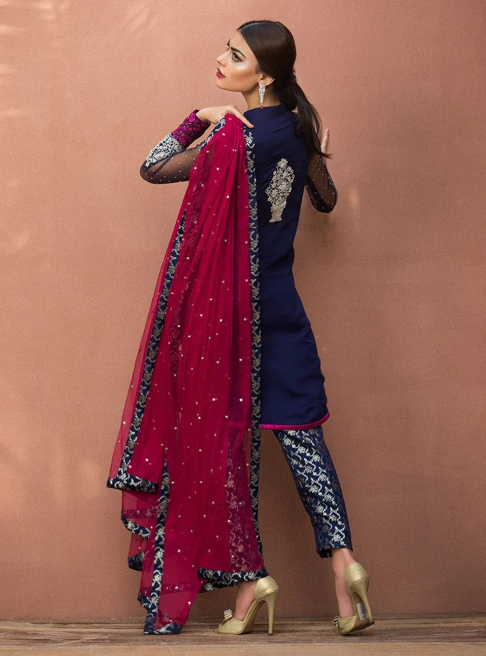 Zainab Chottani | Semi Formals | NAVY BLUE FLORAL DRESS - Rang-e-Khaas