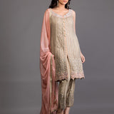 Zainab Chottani | Semi Formals | BEIGE FRONT OPEN EMBELLISHED ENSEMBLE
