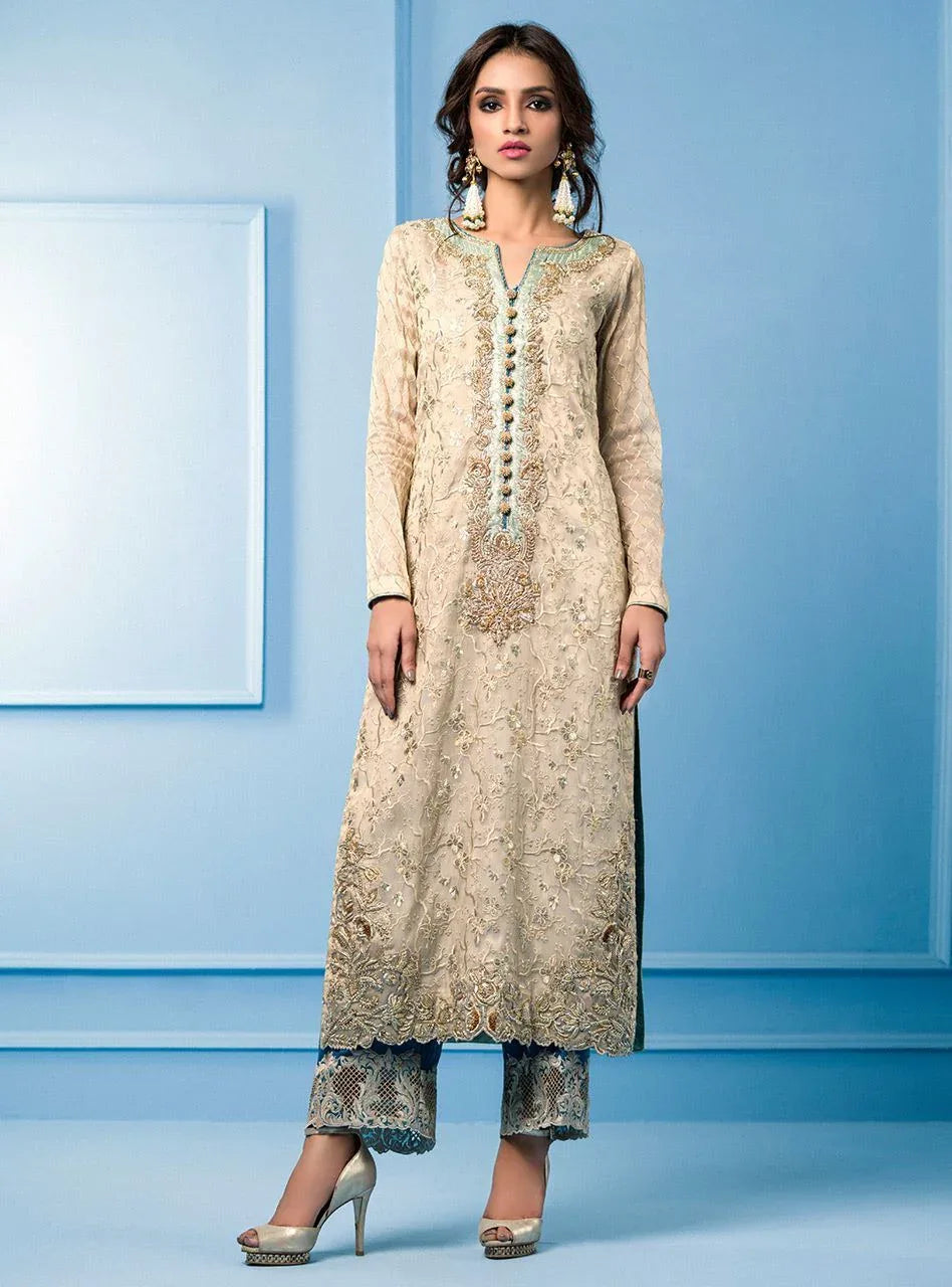 Zainab Chottani | Semi Formals | BEIGE AND TURQUOISE - Rang-e-Khaas