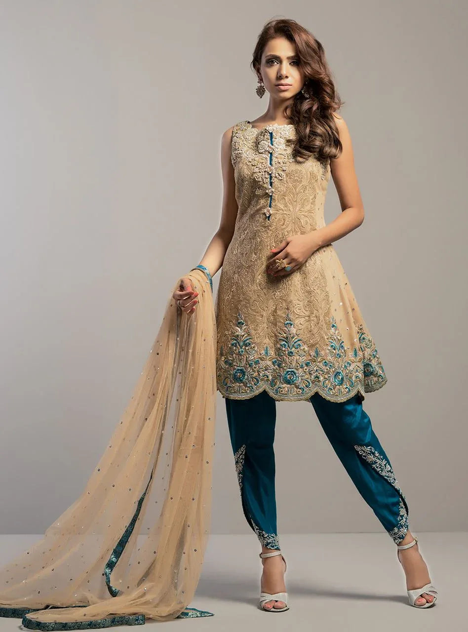 Zainab Chottani | Semi Formals | BEIGE GOLD WITH TEAL DRESS - Rang-e-Khaas