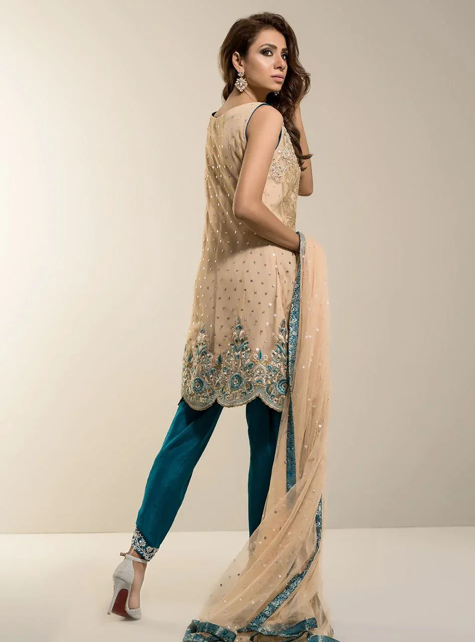 Zainab Chottani | Semi Formals | BEIGE GOLD WITH TEAL DRESS - Rang-e-Khaas