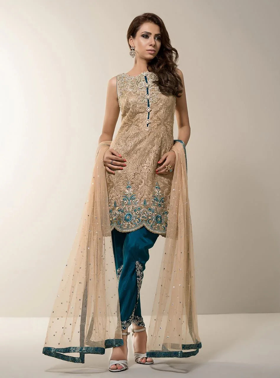 Zainab Chottani | Semi Formals | BEIGE GOLD WITH TEAL DRESS - Rang-e-Khaas