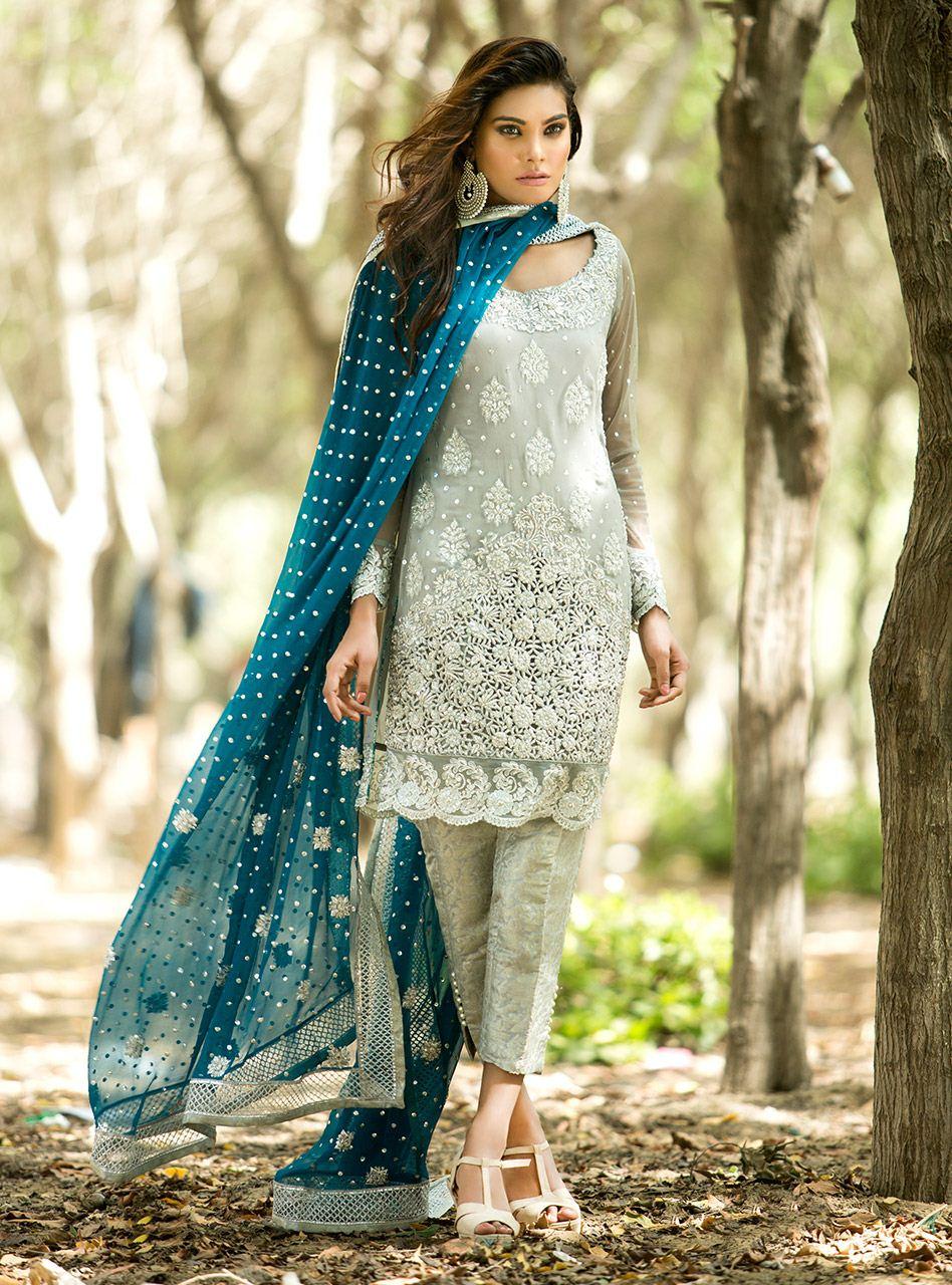 Zainab Chottani | Semi Formals | SILVER AND TEAL DRESS - Rang-e-Khaas
