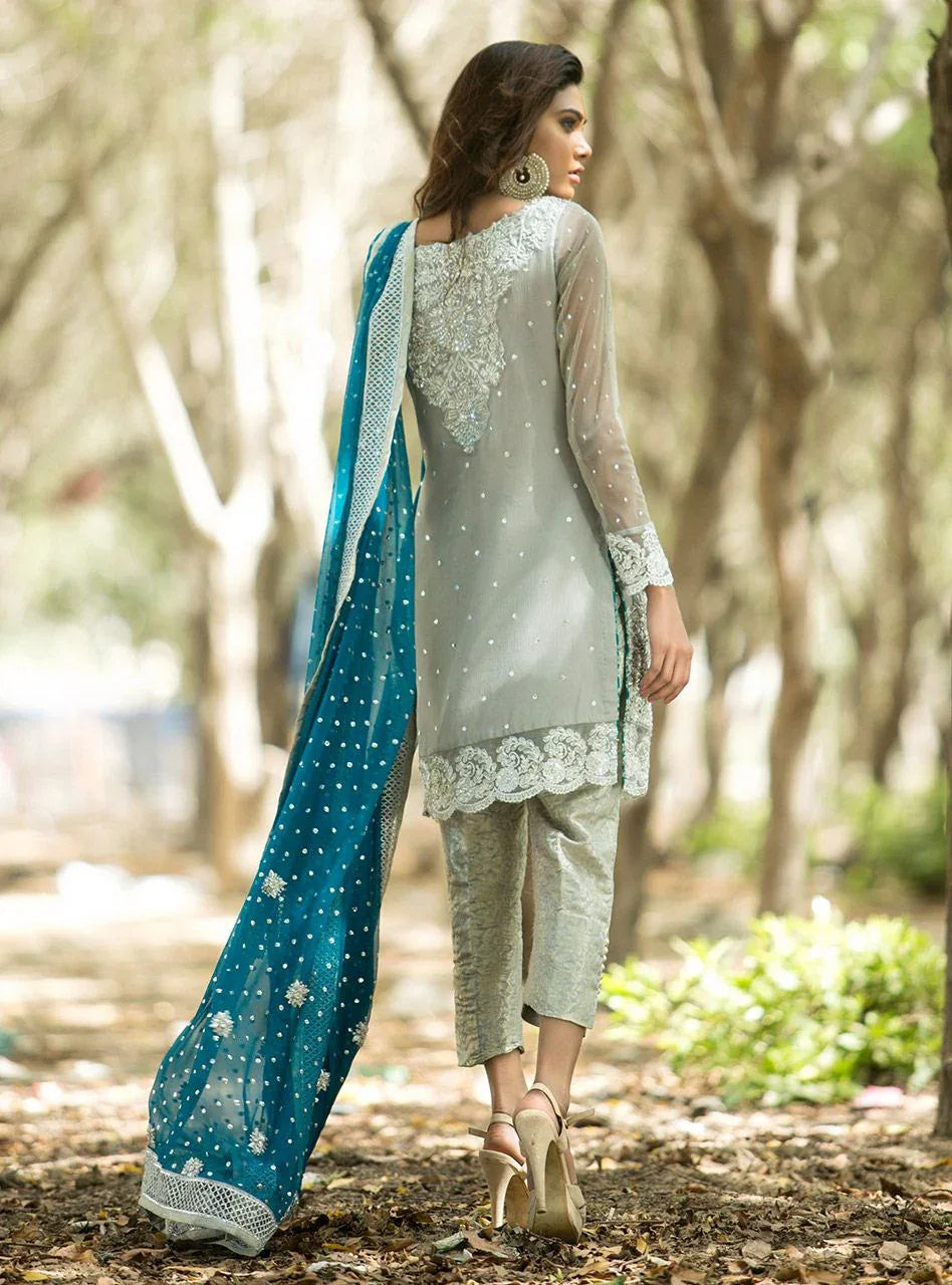 Zainab Chottani | Semi Formals | SILVER AND TEAL DRESS - Rang-e-Khaas