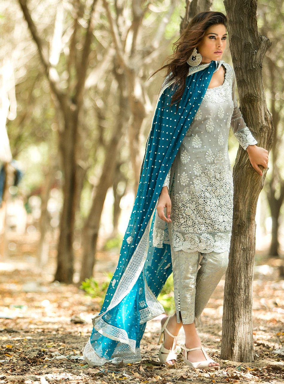 Zainab Chottani | Semi Formals | SILVER AND TEAL DRESS - Rang-e-Khaas