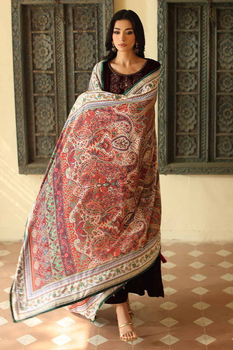 Aisha Imran | Printed Panache Velvet Shawls 25 | Sarai Shirt and Pants