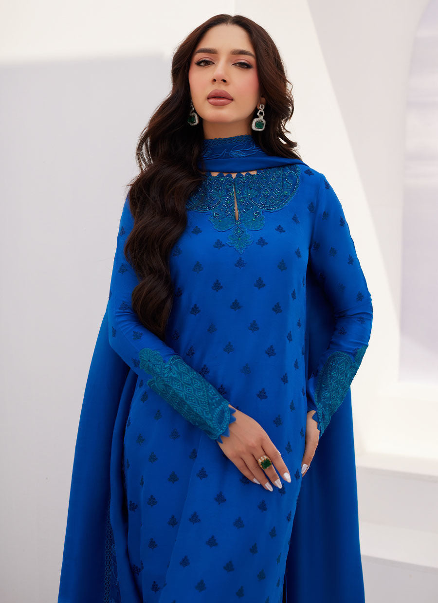 Farah Talib Aziz | Designer Picks 24 | CHARR BLUE EMBROIDERED RAW SILK SHIRT AND DUPATTA
