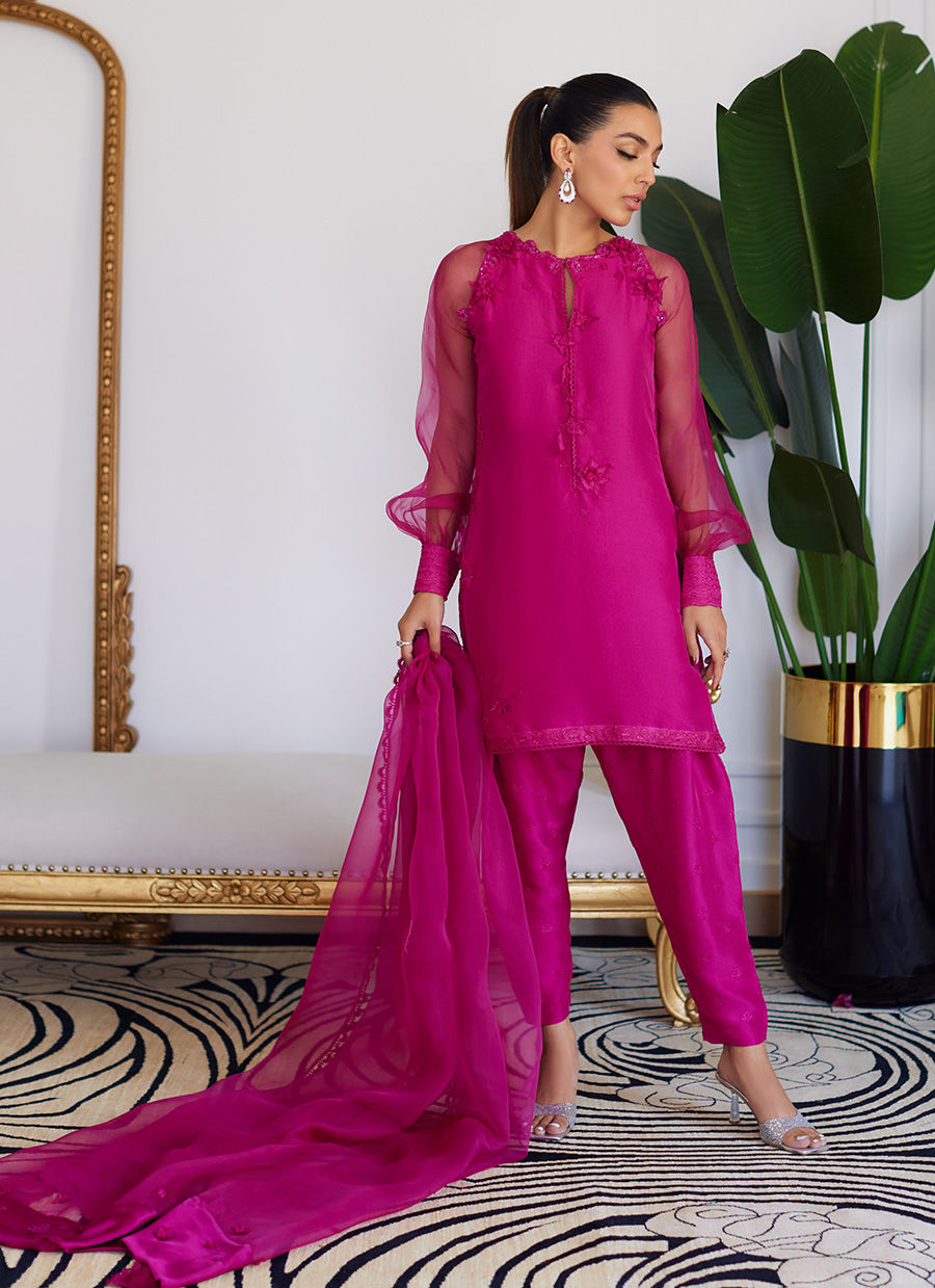 Farah Talib Aziz | Designer Picks 24 | ELIO HOT PINK RAW SILK SHIRT WITH DUPATTA
