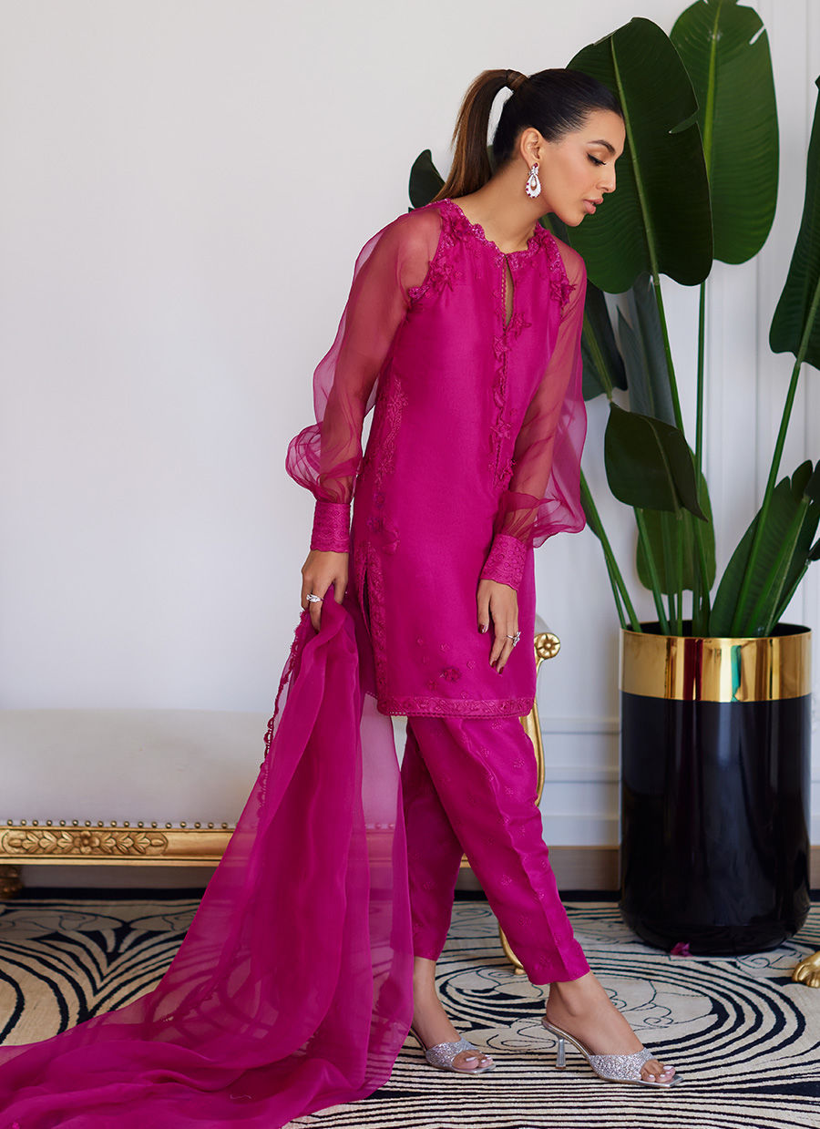 Farah Talib Aziz | Designer Picks 24 | ELIO HOT PINK RAW SILK SHIRT WITH DUPATTA