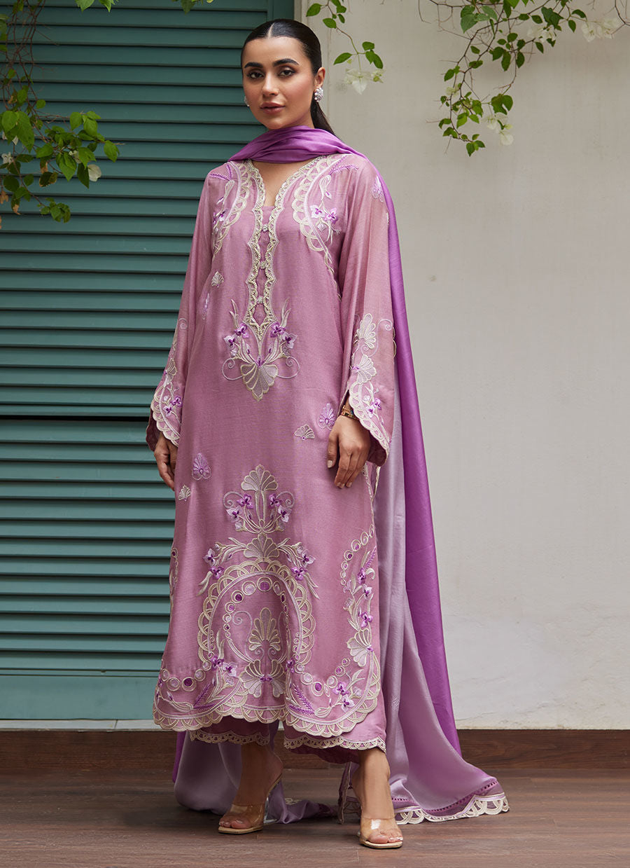 Farah Talib Aziz | Designer Picks 24 | IVAN MAUVE EMBROIDERED COTTON NET SHIRT WITH MEDIUM SILK DUPATTA