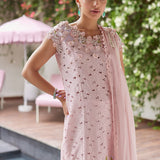 Farah Talib Aziz | Designer Picks 24 | KARINA BLUSH SCHIFFLI RAW SILK SHIRT WITH PRE-DRAPED DUPATTA