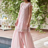 Farah Talib Aziz | Designer Picks 24 | KARINA BLUSH SCHIFFLI RAW SILK SHIRT WITH PRE-DRAPED DUPATTA