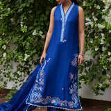 Farah Talib Aziz | Designer Picks 24 | INGA INK BLUE EMBROIDERED RAW SILK SHIRT AND DUPATTA