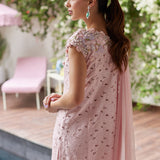 Farah Talib Aziz | Designer Picks 24 | KARINA BLUSH SCHIFFLI RAW SILK SHIRT WITH PRE-DRAPED DUPATTA