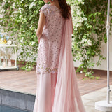 Farah Talib Aziz | Designer Picks 24 | KARINA BLUSH SCHIFFLI RAW SILK SHIRT WITH PRE-DRAPED DUPATTA