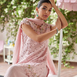 Farah Talib Aziz | Designer Picks 24 | KARINA BLUSH SCHIFFLI RAW SILK SHIRT WITH PRE-DRAPED DUPATTA