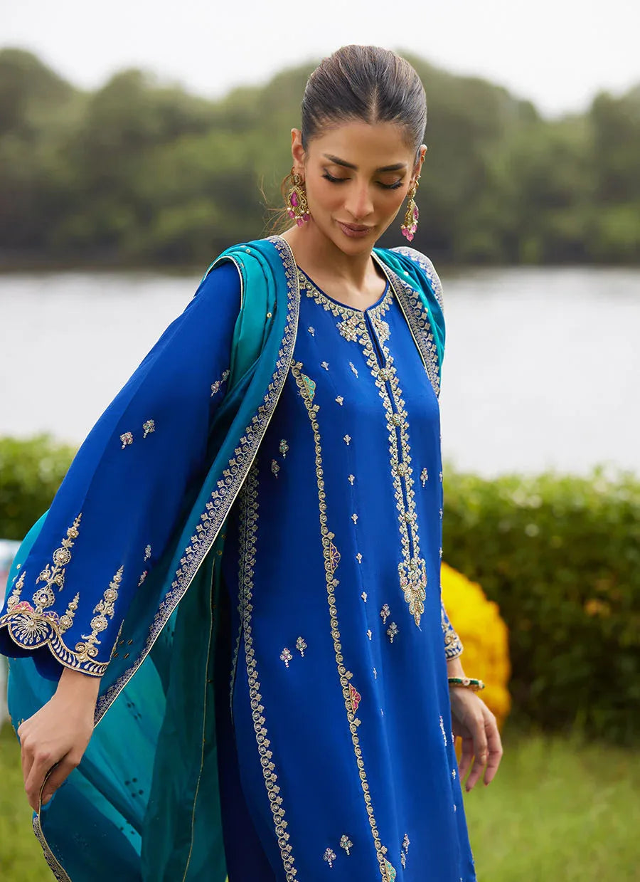 Farah Talib Aziz | Mayna Festive Luxe Pret | Opal Blue Shirt And Dupatta - Rang-e-Khaas
