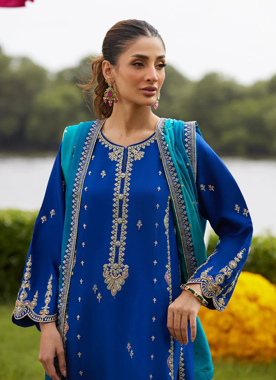 Farah Talib Aziz | Mayna Festive Luxe Pret | Opal Blue Shirt And Dupatta - Rang-e-Khaas