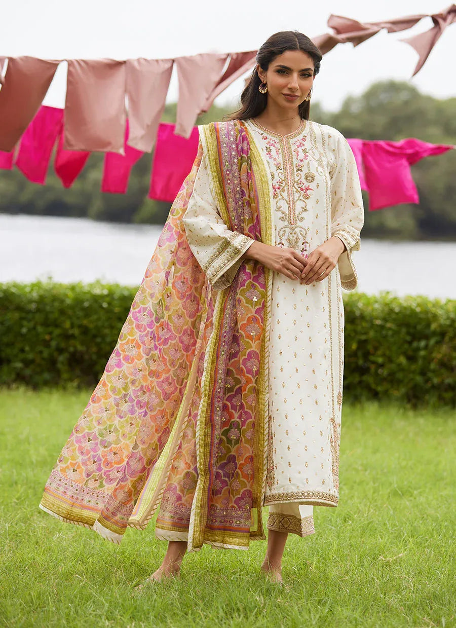 Farah Talib Aziz | Mayna Festive Luxe Pret | Ember Ivory Kurta And Dupatta - Rang-e-Khaas