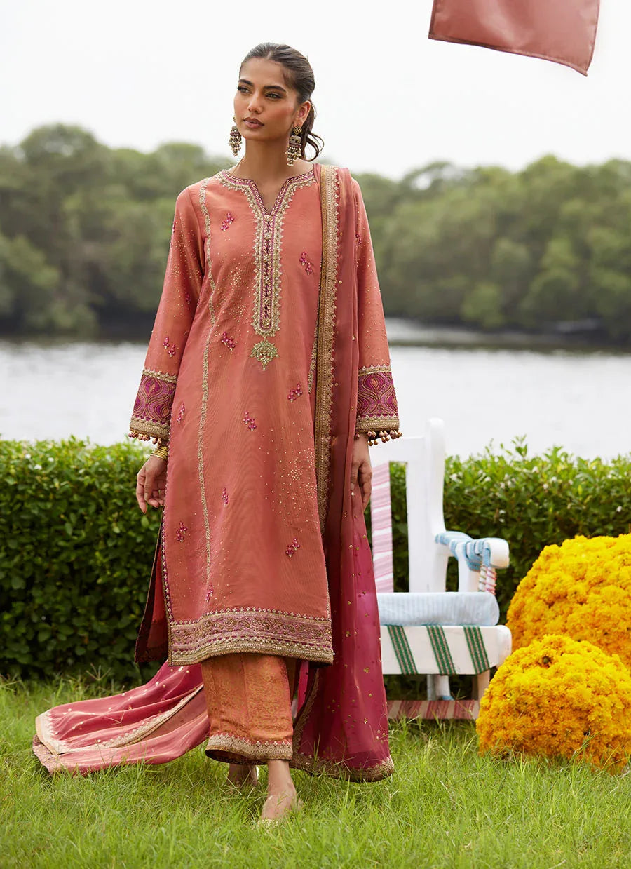 Farah Talib Aziz | Mayna Festive Luxe Pret | Rivaaz Coral Shirt And Dupatta - Rang-e-Khaas