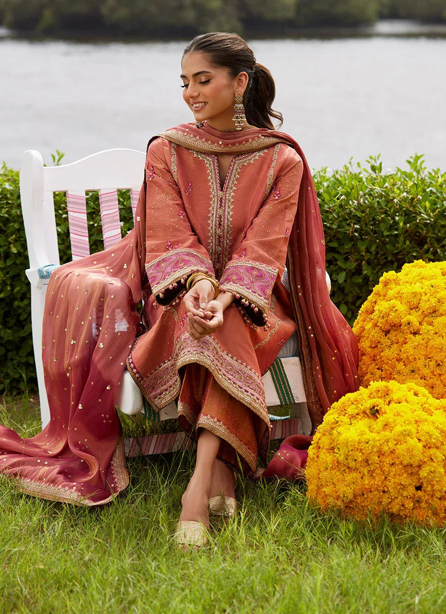 Farah Talib Aziz | Mayna Festive Luxe Pret | Rivaaz Coral Shirt And Dupatta - Rang-e-Khaas