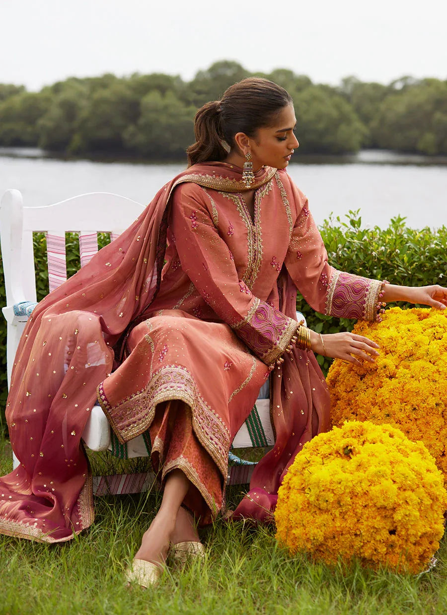 Farah Talib Aziz | Mayna Festive Luxe Pret | Rivaaz Coral Shirt And Dupatta - Rang-e-Khaas