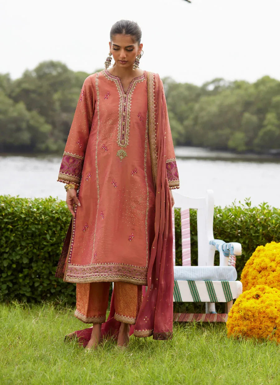 Farah Talib Aziz | Mayna Festive Luxe Pret | Rivaaz Coral Shirt And Dupatta - Rang-e-Khaas