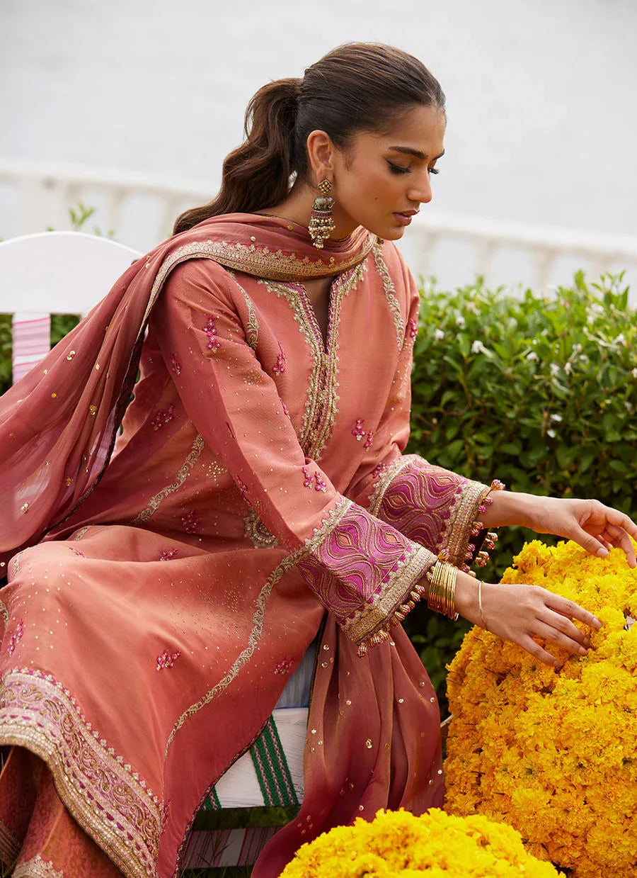 Farah Talib Aziz | Mayna Festive Luxe Pret | Rivaaz Coral Shirt And Dupatta - Rang-e-Khaas