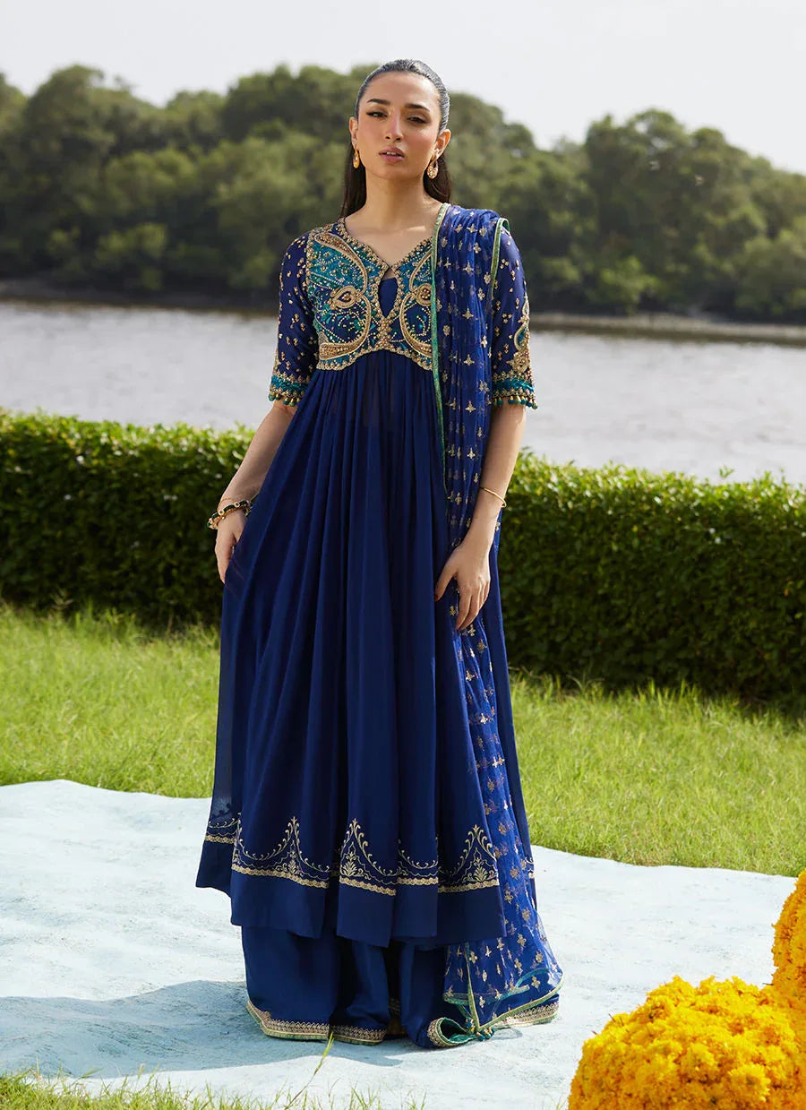 Farah Talib Aziz | Mayna Festive Luxe Pret | Zari Navy Kalidaar And Dupatta - Rang-e-Khaas