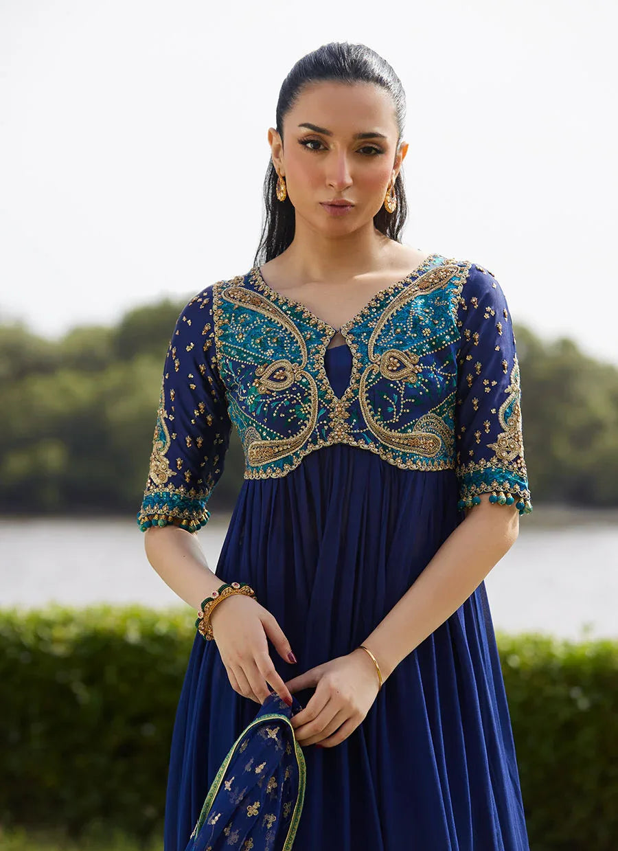 Farah Talib Aziz | Mayna Festive Luxe Pret | Zari Navy Kalidaar And Dupatta - Rang-e-Khaas