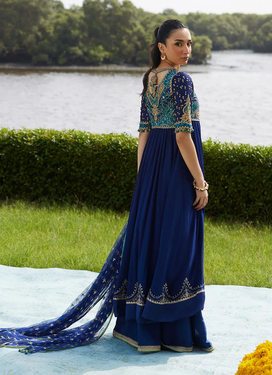 Farah Talib Aziz | Mayna Festive Luxe Pret | Zari Navy Kalidaar And Dupatta - Rang-e-Khaas