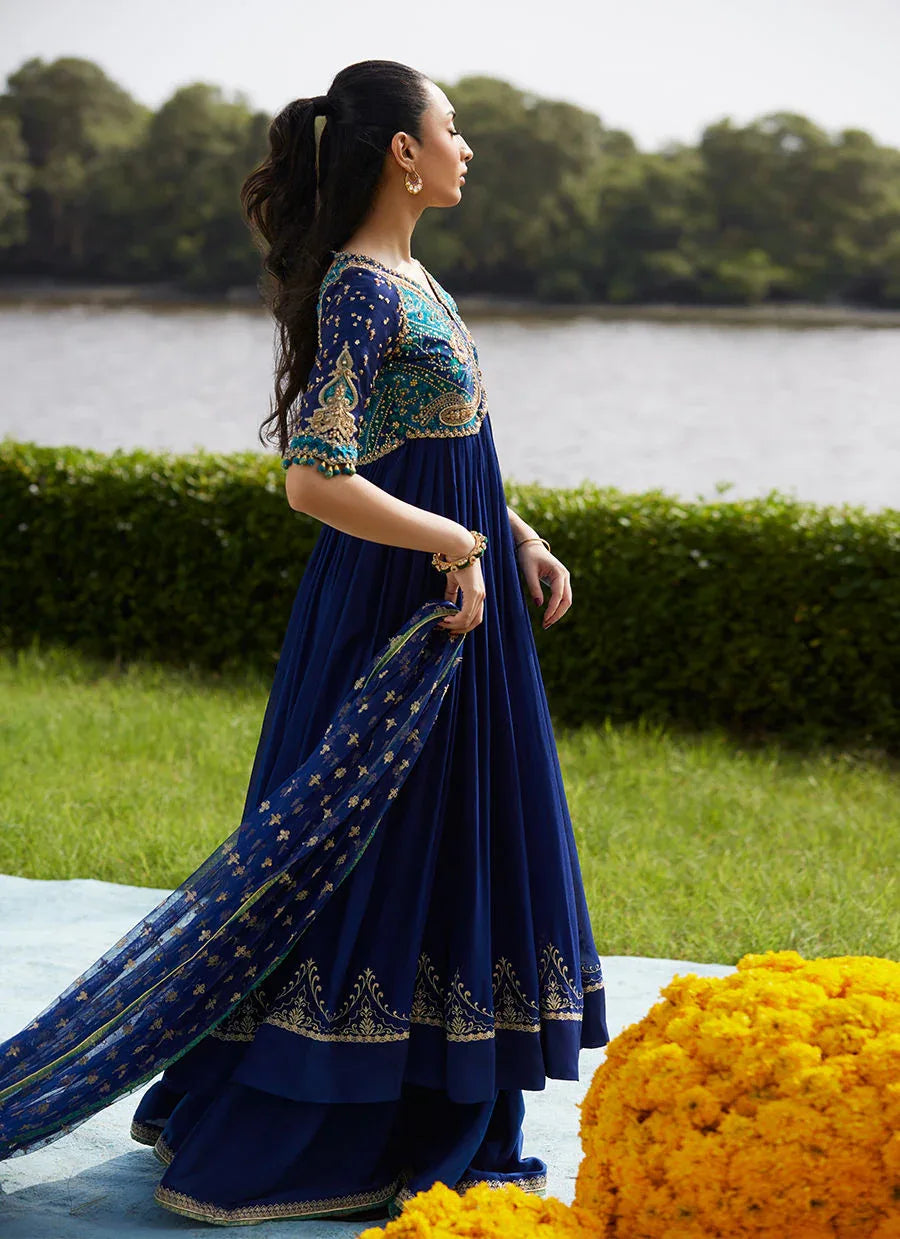 Farah Talib Aziz | Mayna Festive Luxe Pret | Zari Navy Kalidaar And Dupatta - Rang-e-Khaas
