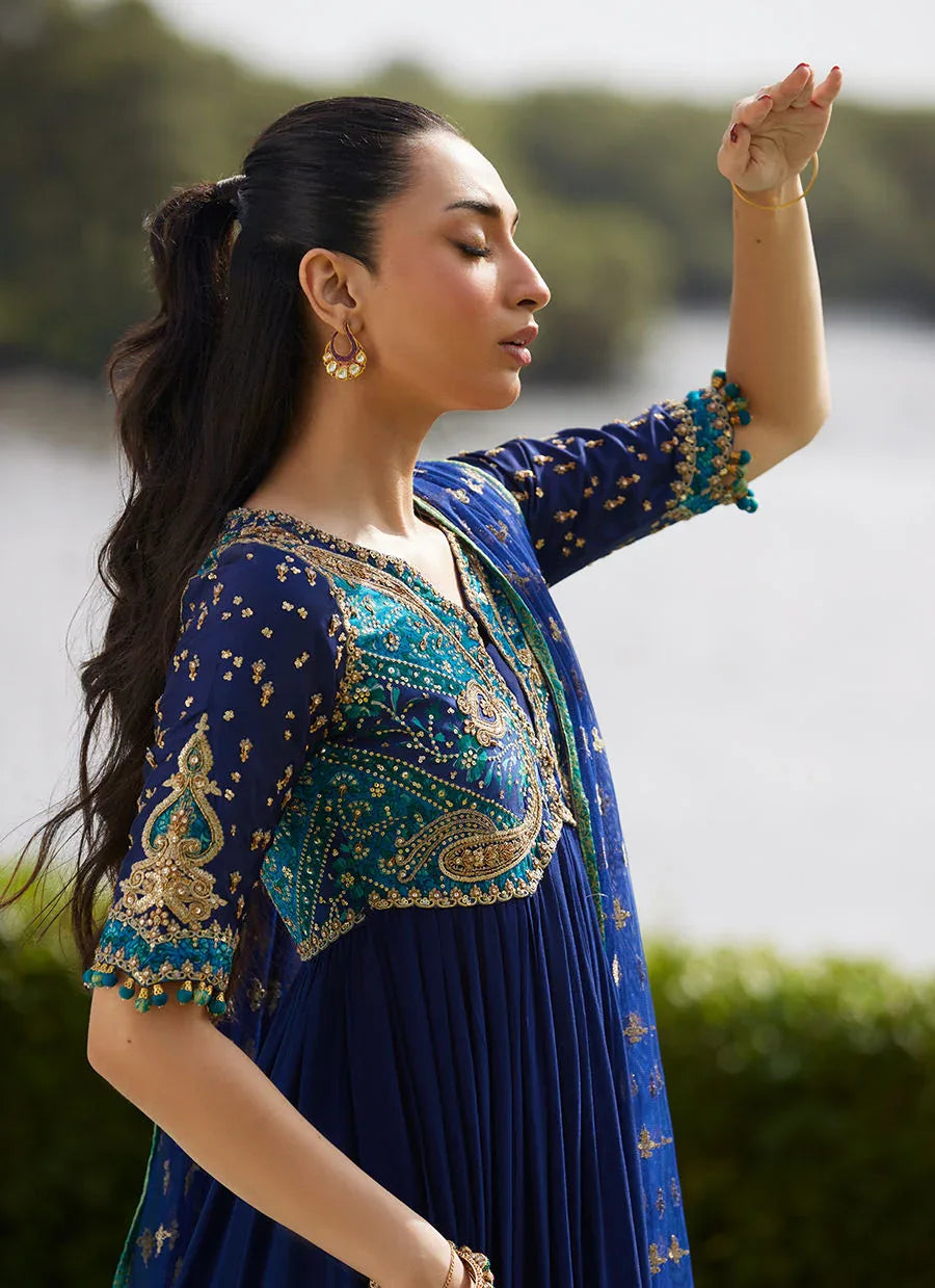 Farah Talib Aziz | Mayna Festive Luxe Pret | Zari Navy Kalidaar And Dupatta - Rang-e-Khaas