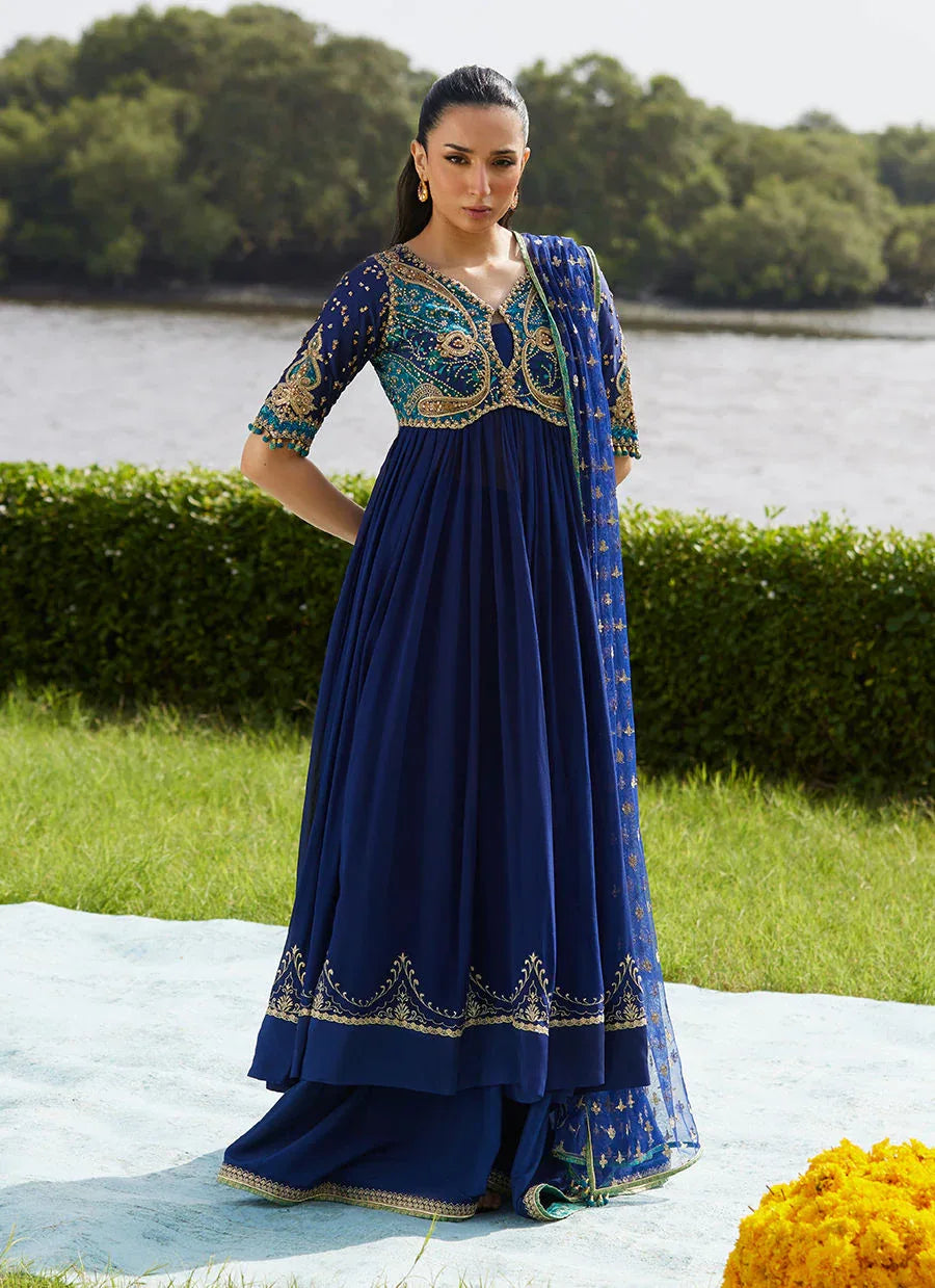 Farah Talib Aziz | Mayna Festive Luxe Pret | Zari Navy Kalidaar And Dupatta - Rang-e-Khaas