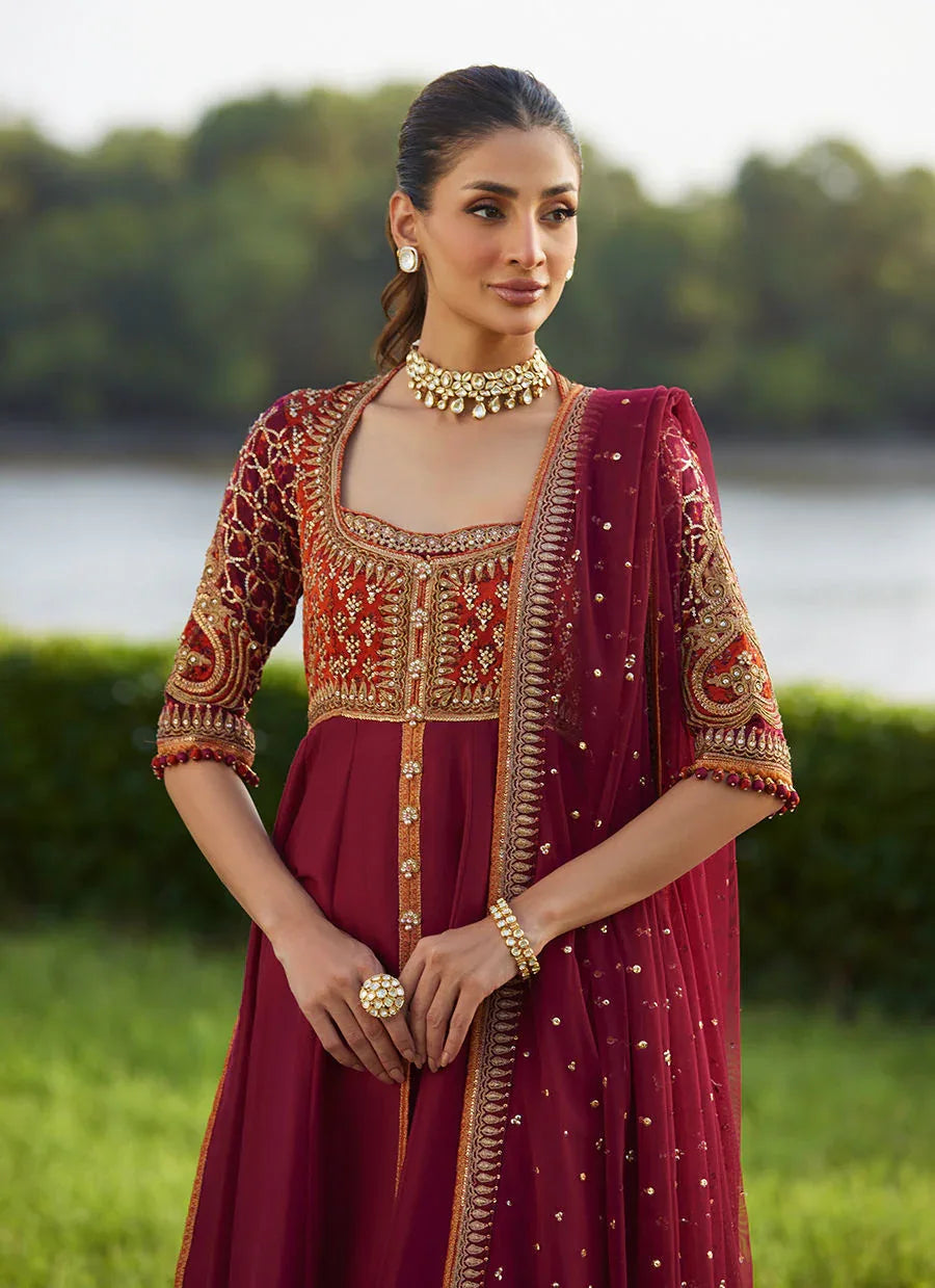 Farah Talib Aziz | Mayna Festive Luxe Pret | Anarq Crimson Kalidaar And Dupatta - Rang-e-Khaas