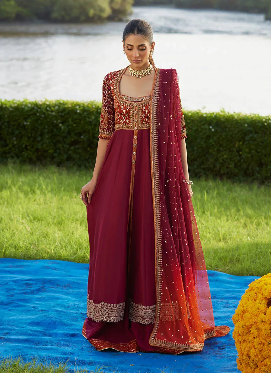 Farah Talib Aziz | Mayna Festive Luxe Pret | Anarq Crimson Kalidaar And Dupatta - Rang-e-Khaas
