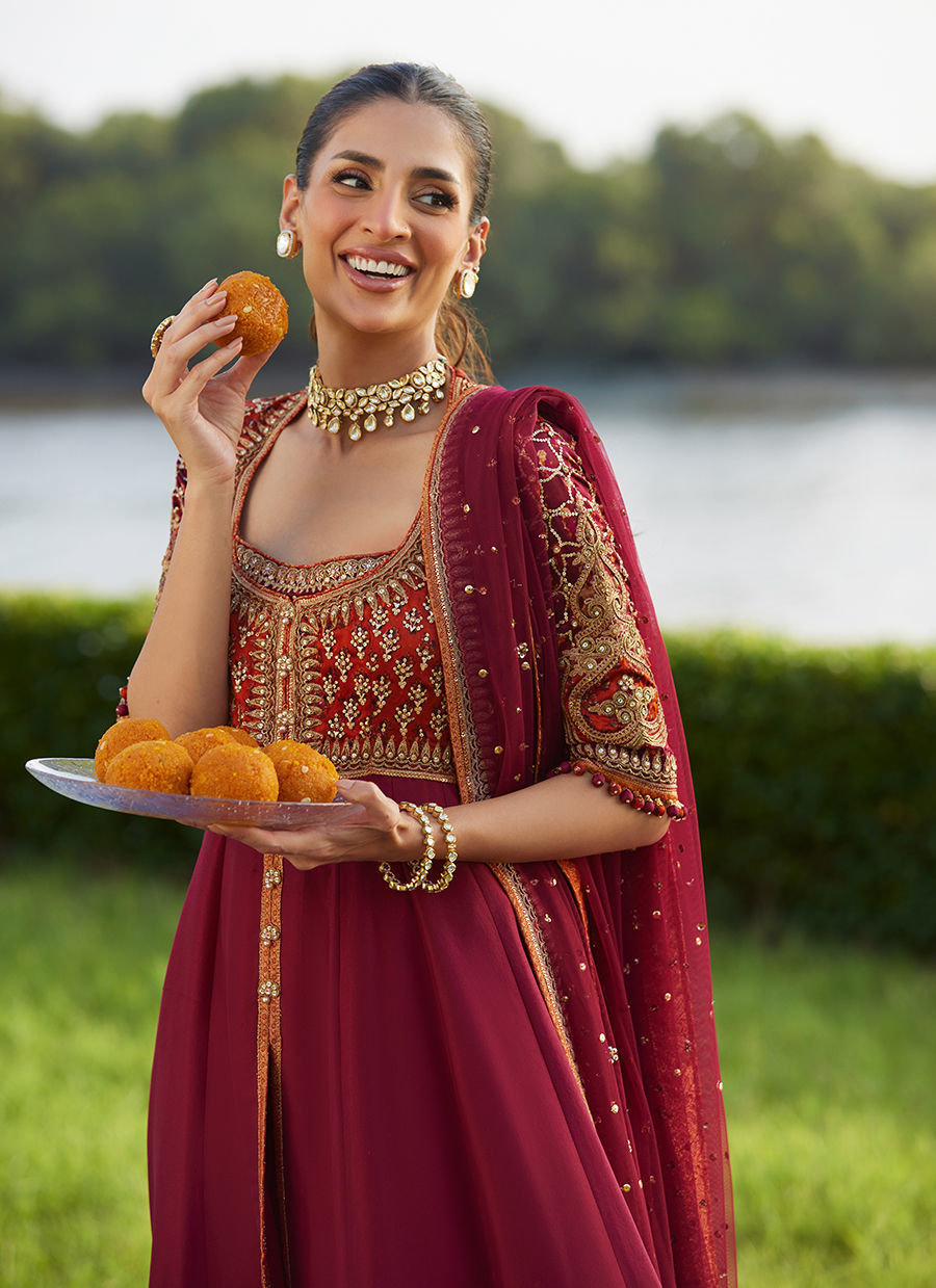 Farah Talib Aziz | Mayna Festive Luxe Pret | Anarq Crimson Kalidaar And Dupatta