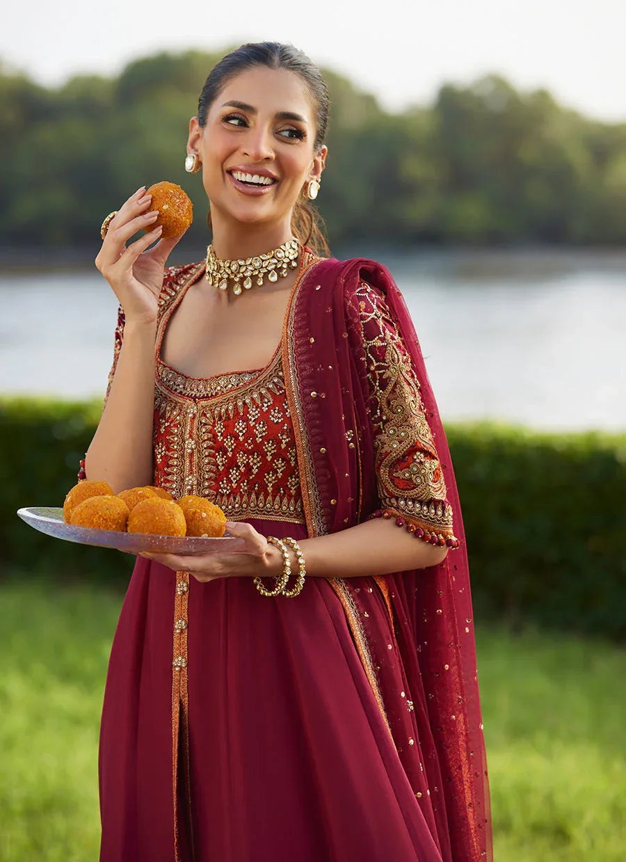 Farah Talib Aziz | Mayna Festive Luxe Pret | Anarq Crimson Kalidaar And Dupatta - Rang-e-Khaas