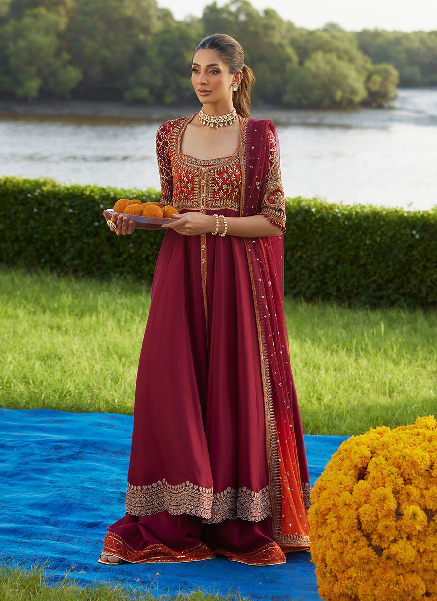 Farah Talib Aziz | Mayna Festive Luxe Pret | Anarq Crimson Kalidaar And Dupatta
