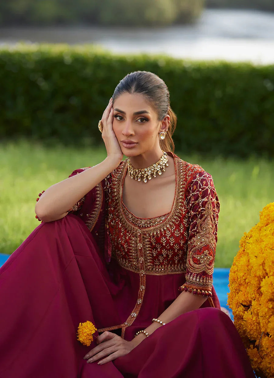 Farah Talib Aziz | Mayna Festive Luxe Pret | Anarq Crimson Kalidaar And Dupatta - Rang-e-Khaas