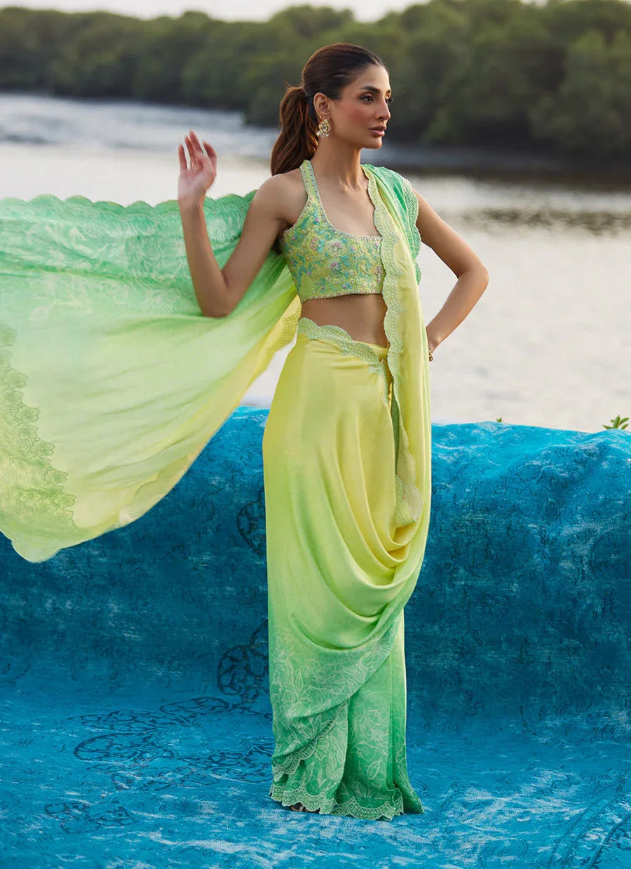 Farah Talib Aziz | Mayna Festive Luxe Pret | Celeste Ombre Saree - Rang-e-Khaas
