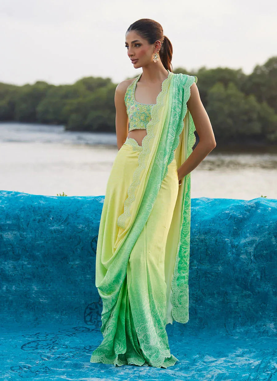 Farah Talib Aziz | Mayna Festive Luxe Pret | Celeste Ombre Saree - Rang-e-Khaas