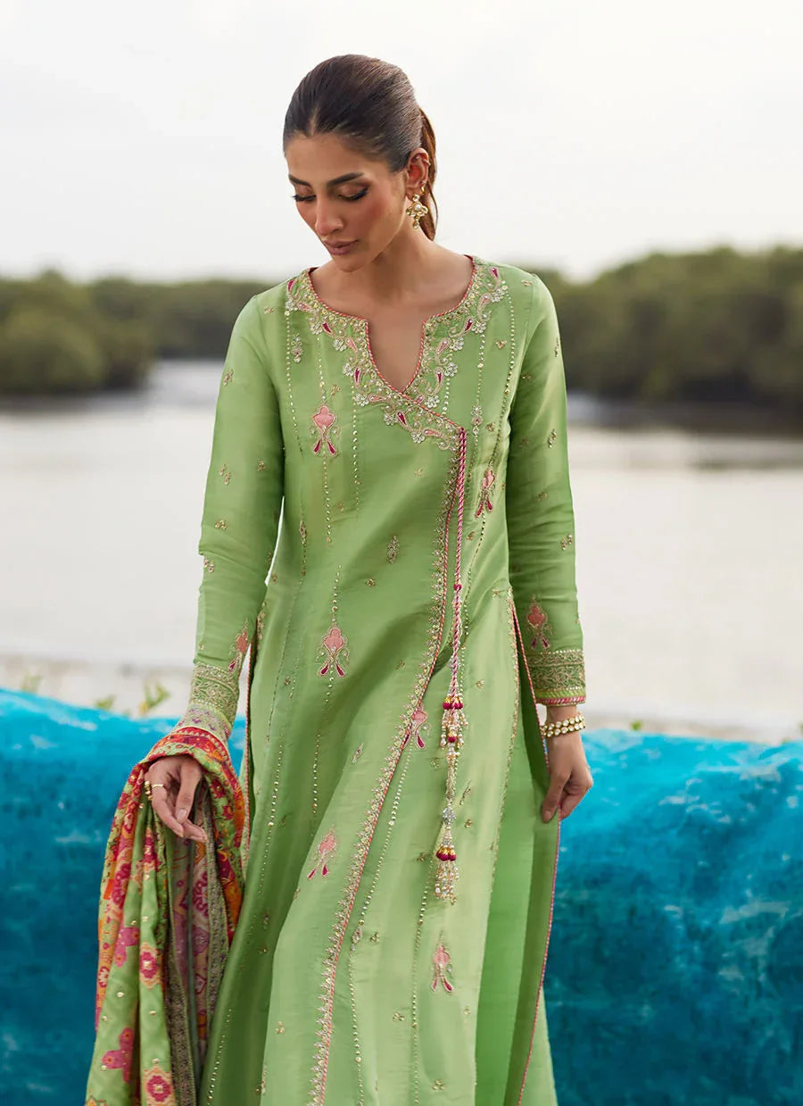 Farah Talib Aziz | Mayna Festive Luxe Pret | Elysian Sage Shirt And Dupatta - Rang-e-Khaas