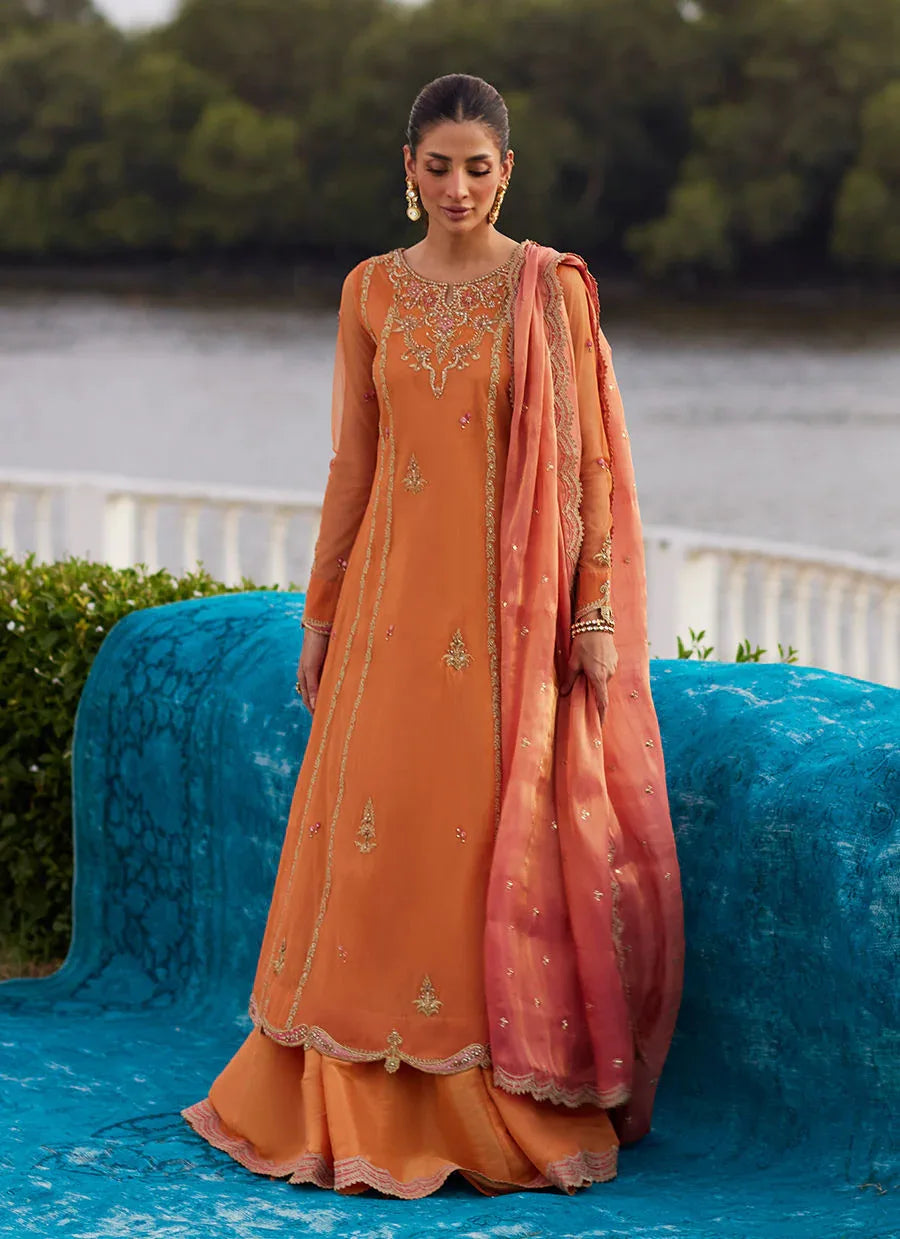 Farah Talib Aziz | Mayna Festive Luxe Pret | Anarkali Apricot Kalidaar And Dupatta - Rang-e-Khaas