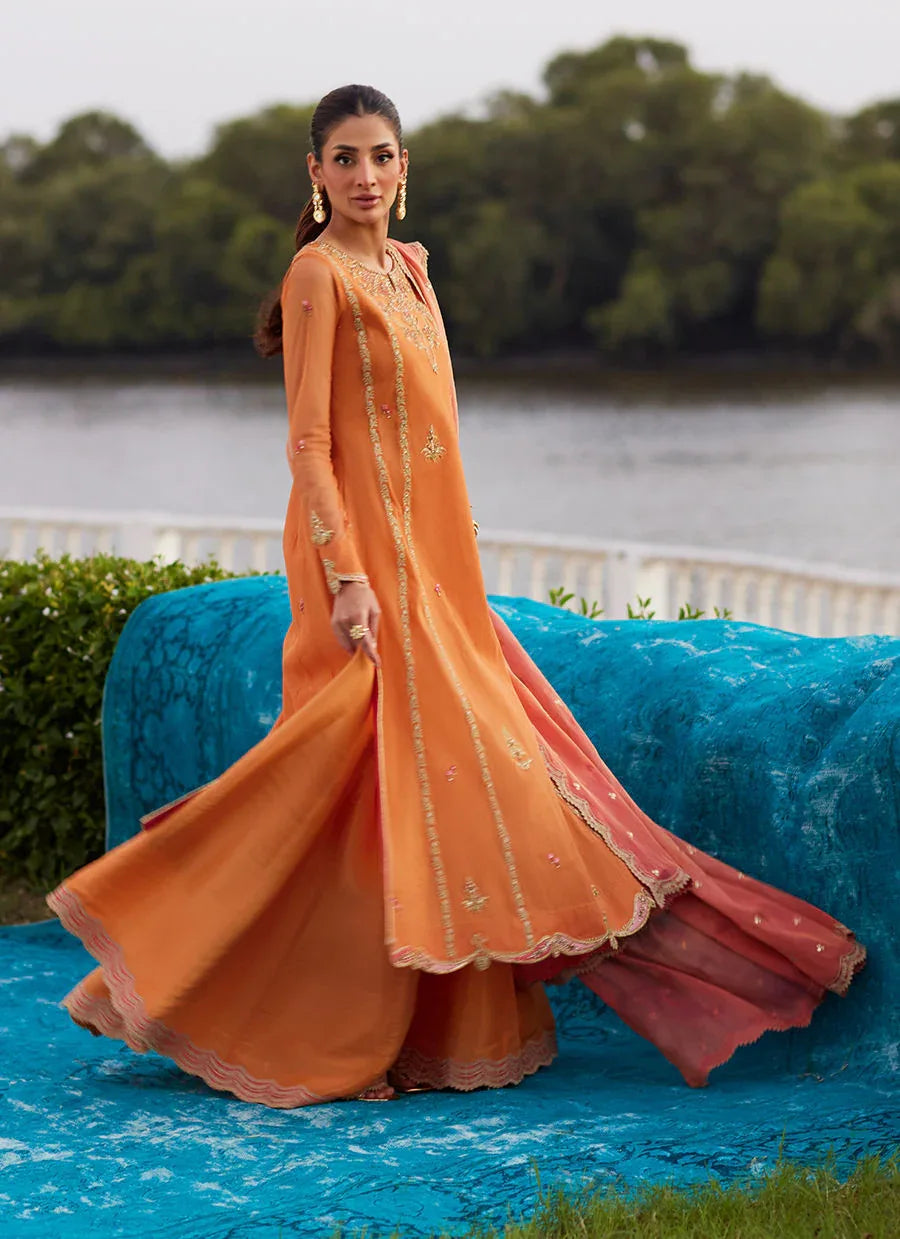 Farah Talib Aziz | Mayna Festive Luxe Pret | Anarkali Apricot Kalidaar And Dupatta - Rang-e-Khaas