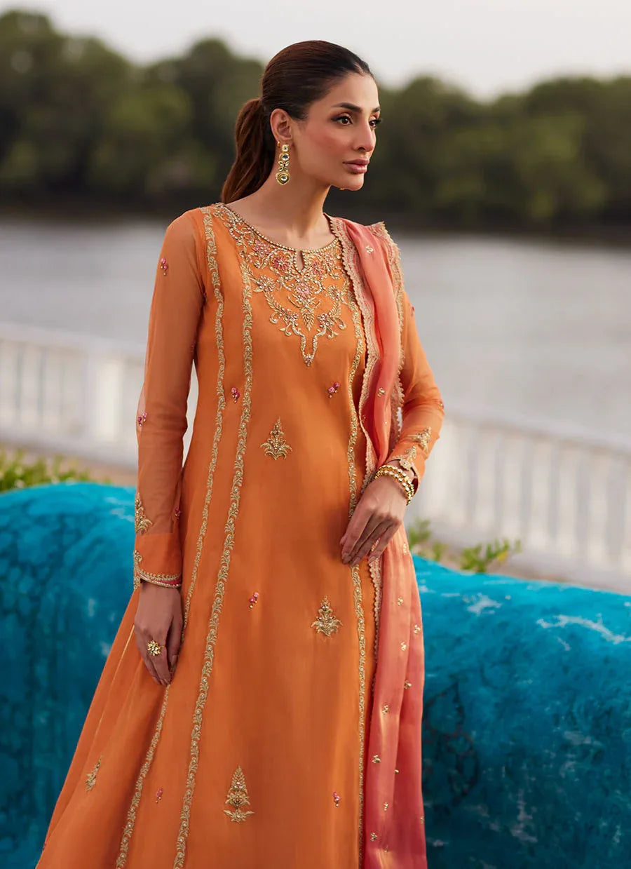 Farah Talib Aziz | Mayna Festive Luxe Pret | Anarkali Apricot Kalidaar And Dupatta - Rang-e-Khaas