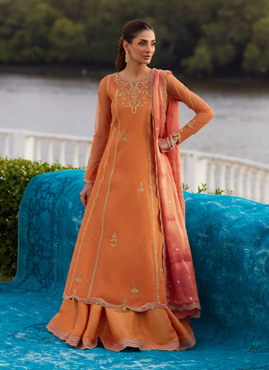 Farah Talib Aziz | Mayna Festive Luxe Pret | Anarkali Apricot Kalidaar And Dupatta - Rang-e-Khaas