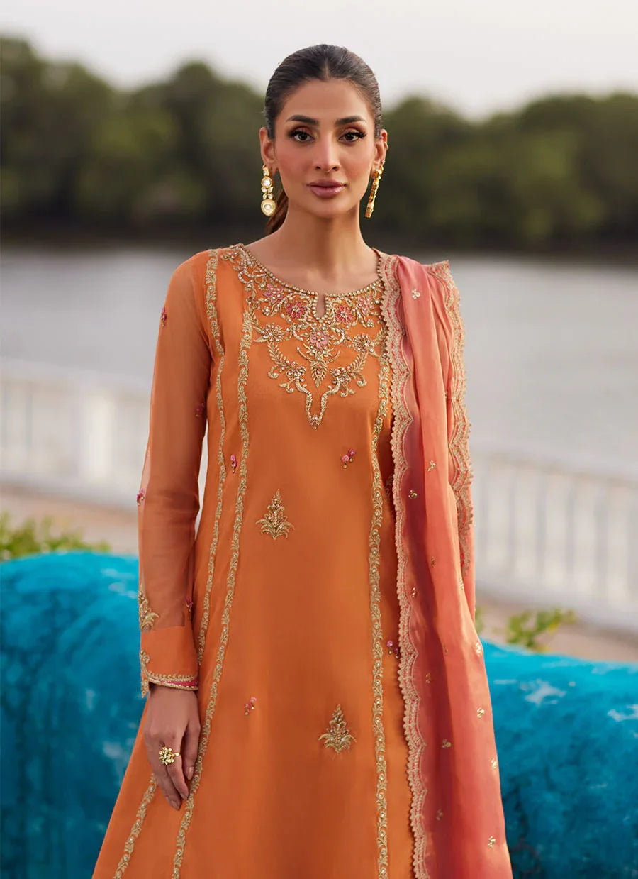 Farah Talib Aziz | Mayna Festive Luxe Pret | Anarkali Apricot Kalidaar And Dupatta - Rang-e-Khaas